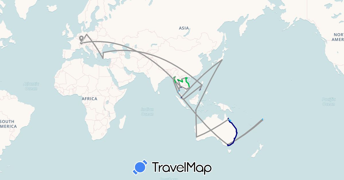 TravelMap itinerary: driving, bus, plane, boat in Australia, Switzerland, Germany, Fiji, Indonesia, Japan, Laos, Myanmar (Burma), Malaysia, Philippines, Singapore, Thailand, Turkey, Vietnam (Asia, Europe, Oceania)